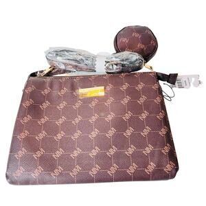 Nicole Miller Brown Logo Crossbody & Earbud Case Purse